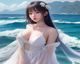 大胸美女在热带海滩穿着比基尼，阳光充足，画面热情奔放